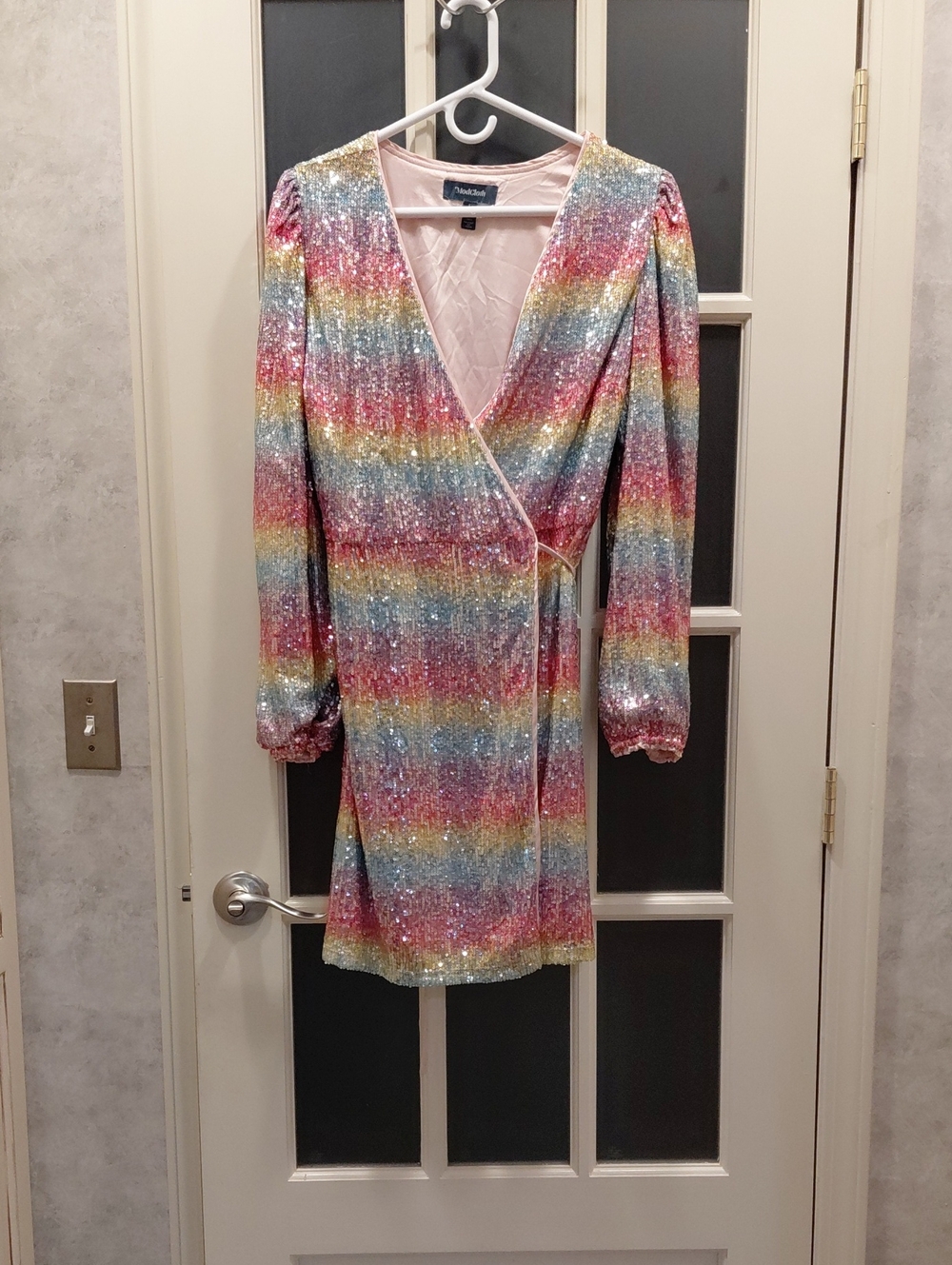 "Modcloth" Sz. L, Pastel Rainbow Sequin Wrap Mini Dress. 34in long,Lined,sleeves